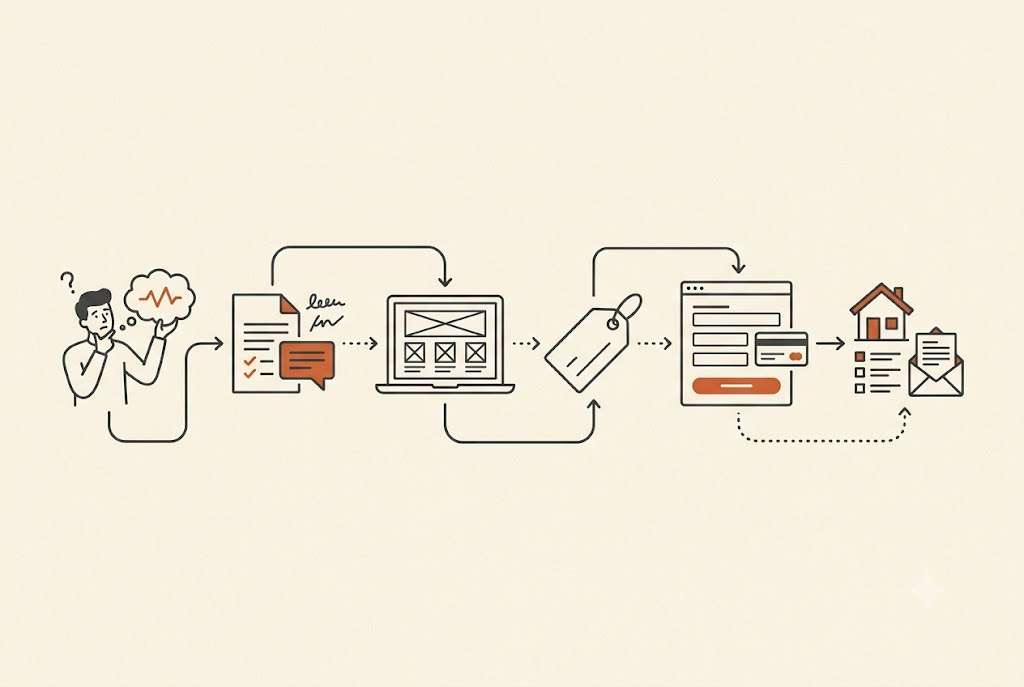 Six stages of a digital product business, from choosing a problem to building a customer-growth system.