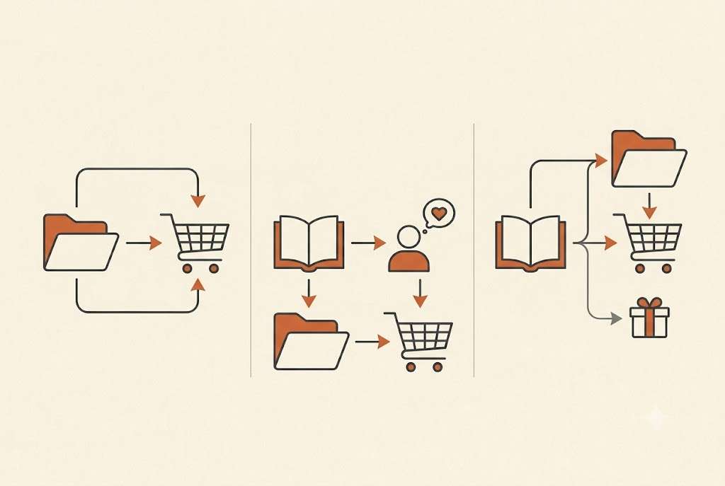 Product-first, content-led, and hybrid digital product business models shown side by side.