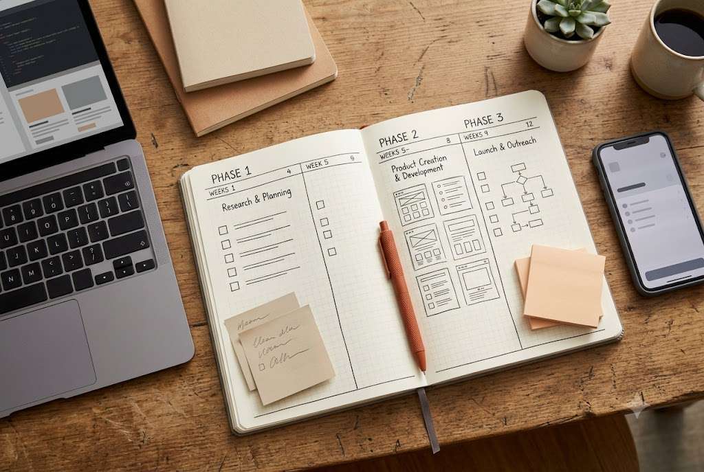 Undated twelve-week planner for researching, creating, and launching a digital product.
