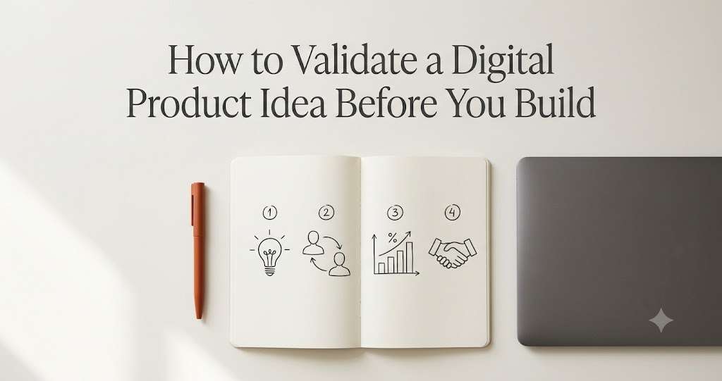 Notebook showing a product validation process beside a laptop.
