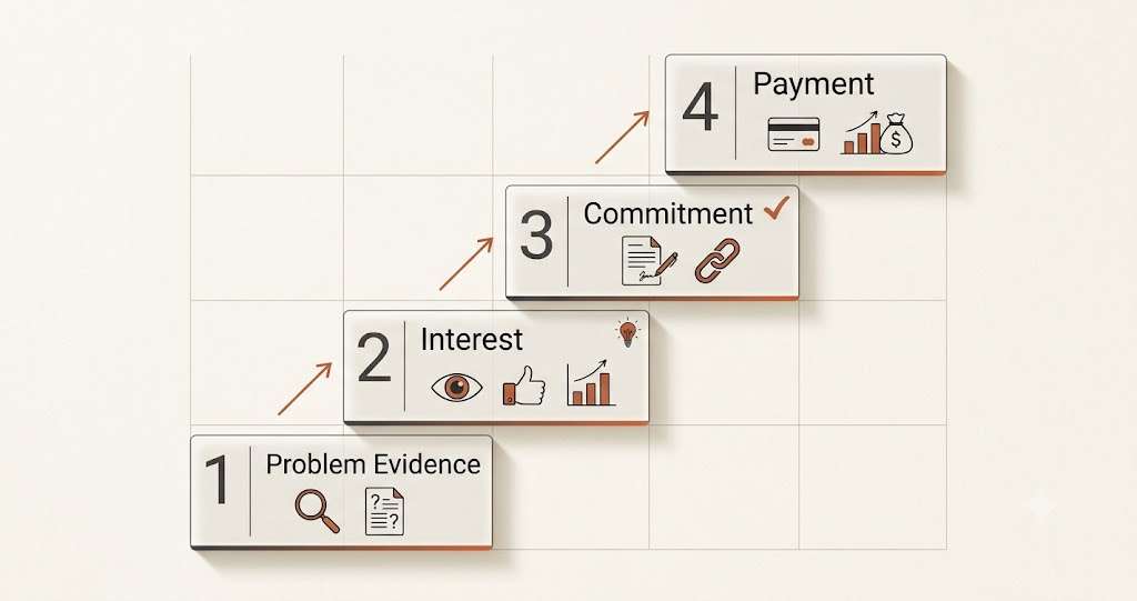 Four levels of digital product validation from problem evidence to payment.
