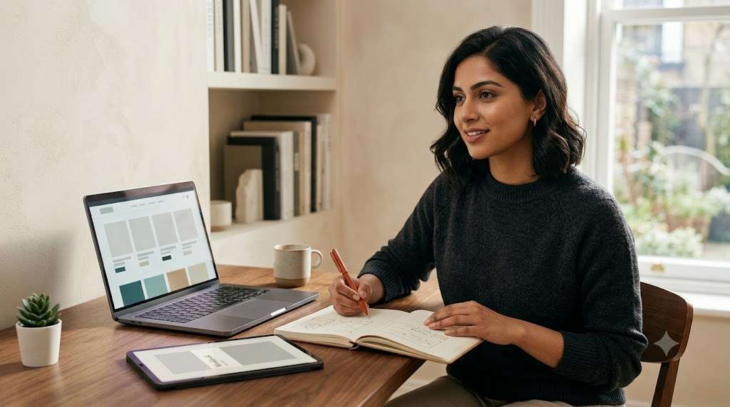 Founder planning a digital product business at a desk with a laptop and notebook.
