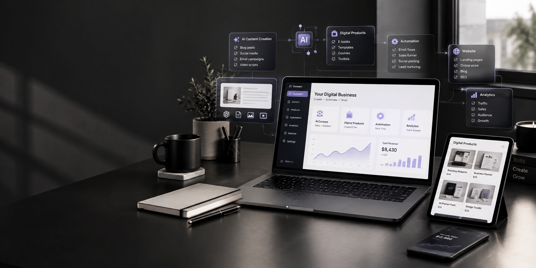 Hands sketching an AI business workflow beside a laptop on an ivory desk.