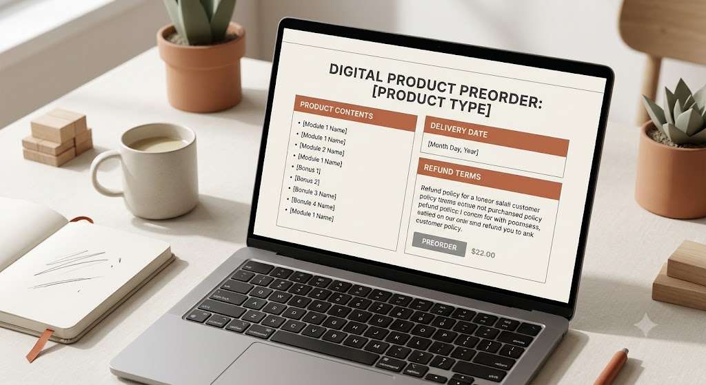 Digital product preorder page showing product details and delivery information.
