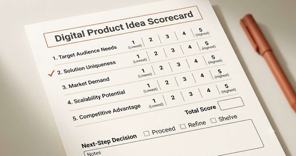Digital product idea scorecard with five validation criteria and ratings.